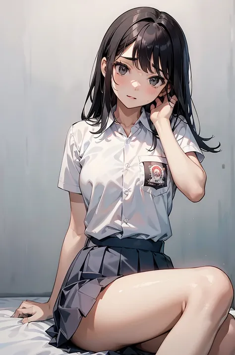 nsfw, 1 woman, 15 years old, ((long haircut)), black eyes, indonesian high-school uniform, white shirt, osis logo on shirt pocke...