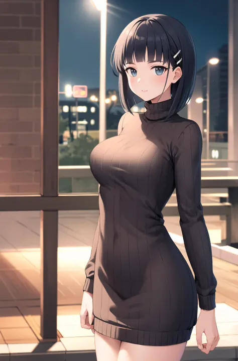 masterpiece, highest quality, high resolution, his funeral, short hair, hair clip, large breasts, sweater dress, no sleeve, nigh...