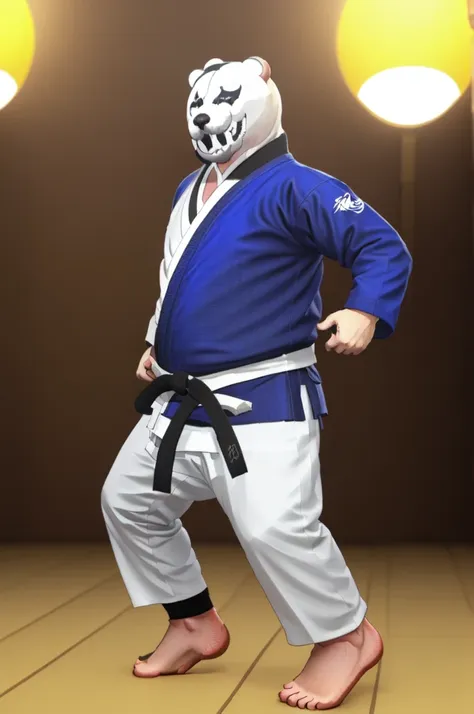 (((Barefoot furry character, full body, cinematic setting, furry male, plantigrade)))

(((monokuma))), bear, grin, teeth, half black and half white, judo, blue kimono, (((ankle braces))), (((martial art footwear)))

BREAK, masterpiece, ((detailed backgroun...