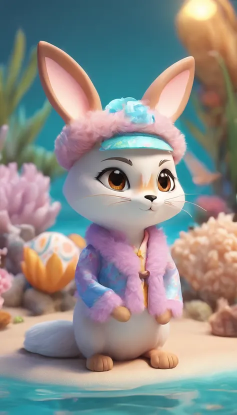 Big sparkling eyes、Fluffy fur、Have small ears、Wearing a yukata、rabbit、Fox、A cute fantasy animal that combines the characteristics of a cat.。Pastel-colored fur shines softly、Standing in a magical ocean with colorful shells and glowing fish。