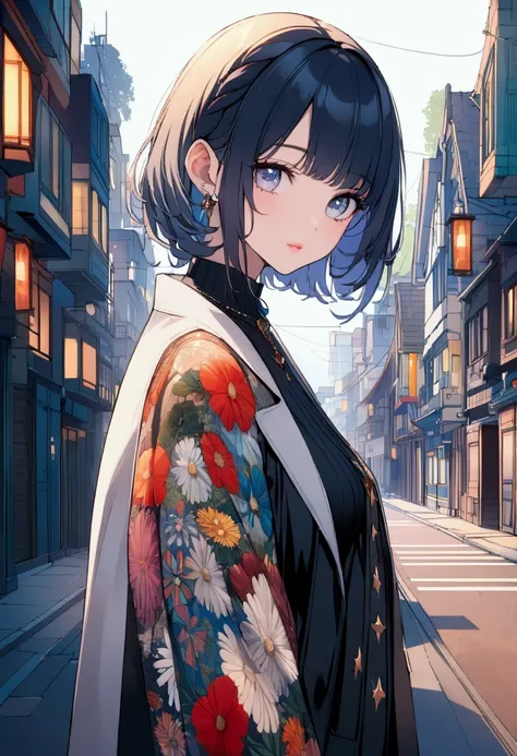 A fusion of graphic art and painting art、girl、Unusual street fashion、night、Starry Sky、front、Uplifting、Transparency、Bright Cities、wood々is rich、morning、High quality、Detailed Background、high resolution、Sparkling