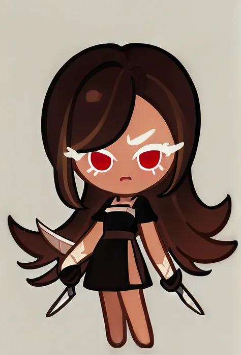 chibi, full body, cookierun, 1girl, red eyes, short dress, black dress, long hair, brown hair, knife in hands