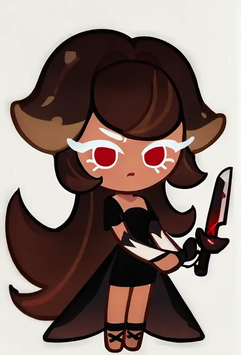 chibi, full body, cookierun, 1girl, red eyes, short dress, black dress, long hair, brown hair, knife in hands