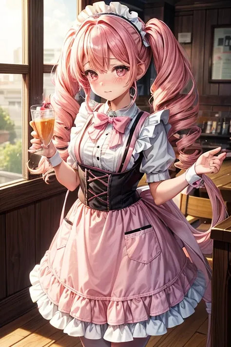 One girl,Cafe Waitress,Pink Hair,Twin tails,big tail,Curly Hair,Pink Lolita Maid,apron,Pink Eyes,blush,Embarrassed face,Small ,Small breasts