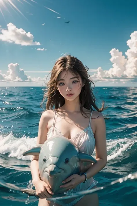 Girl 1, cute, surrounded by dolphins, with a bright sky and clouds, dolphin drawing, quality details, ocean