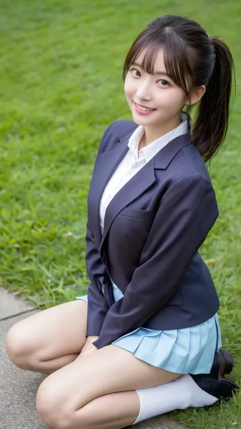 high detail、high quality、8K Photo、Anatomically perfect body、Japanese high school girls、One beautiful girl、smile、In uniform、(Brown blazer、Blue checked pleated skirt、Navy blue knee socks、Brown Loafers、青いリボンネクタイ、ponytail、Double eyelids、White panties)、(Sitting...