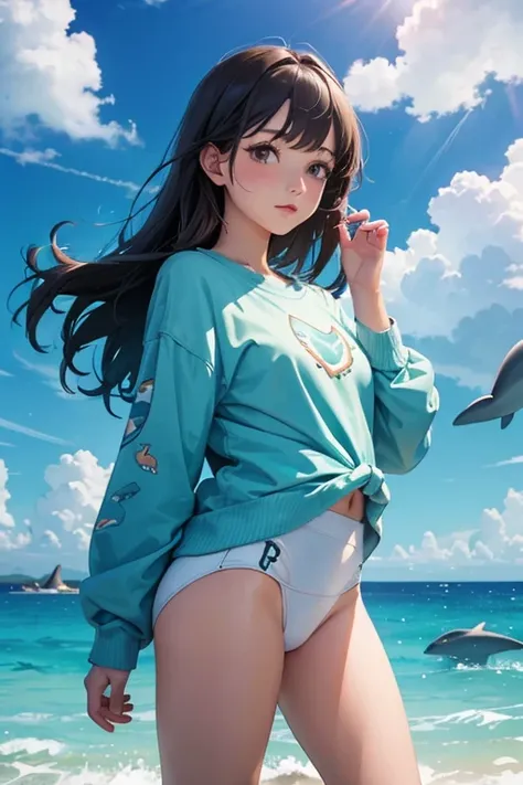 Girl 1 is cute, surrounded by dolphins, has a bright sky and clouds, drawing of dolphins.