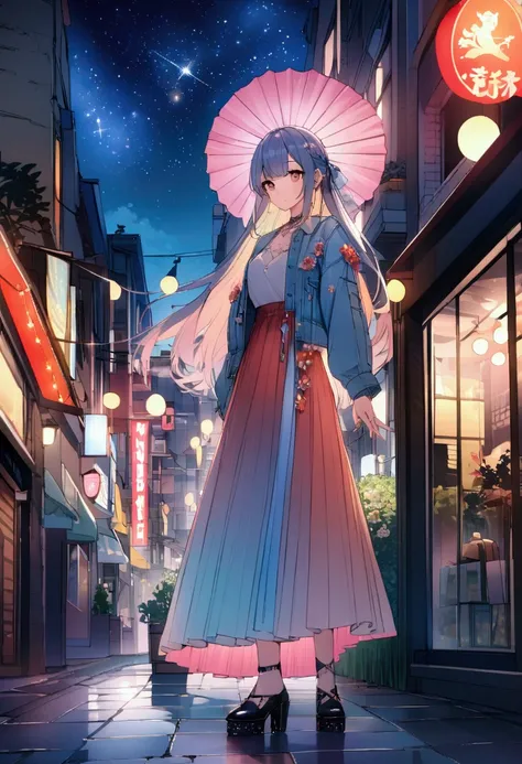 A fusion of graphic art and painting art、girl、Unusual street fashion、night、Starry Sky、front、Uplifting、Transparency、Bright Cities、wood々is rich、morning、High quality、Detailed Background、high resolution、Sparkling