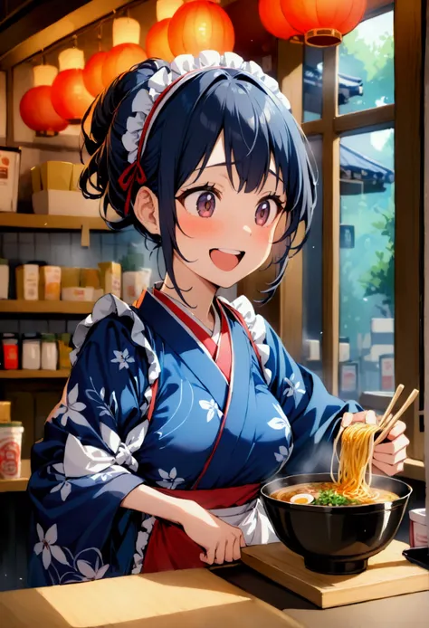 A girl making ramen, white kerchief, navy blue kimono and white ruffled apron, laughter, Small but clean and tidy ramen store, counter seat only,