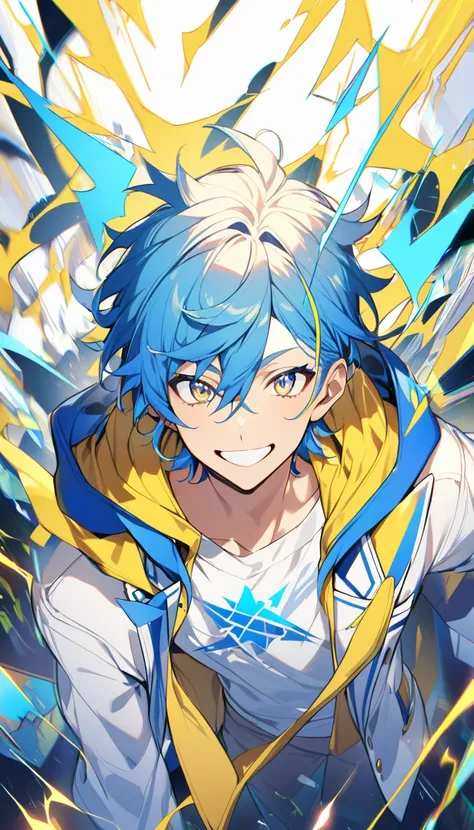 1 boy,yellow and blue hair,yellow and blue eyes,,white open school blazer with logo,yellow hoodie inside,bright smile, blue and yellow lightning 