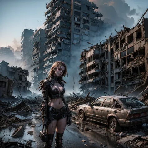 an undead girl wanders among the rubble of a destroyed city, among the rubble you can see some victims and car wrecks, the sky i...