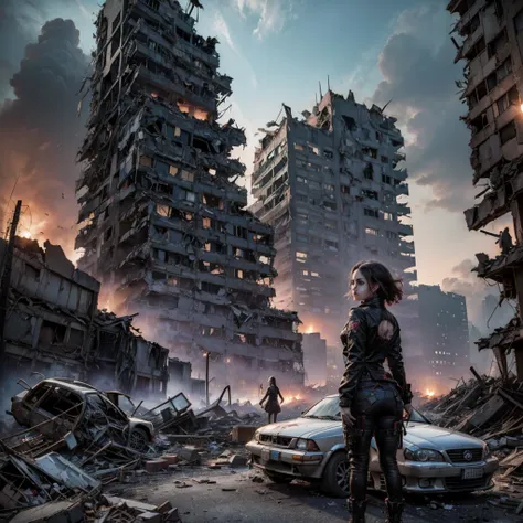 an undead girl wanders among the rubble of a destroyed city, among the rubble you can see some victims and car wrecks, the sky i...