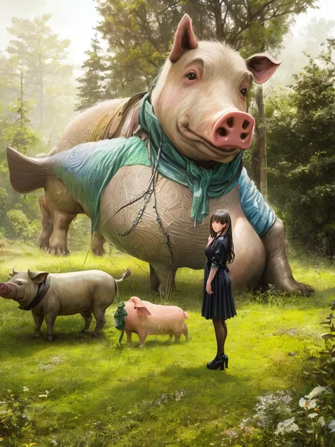 (In 8K、Highest quality、masterpiece:1.2)、(Realistic、Photorealistic:1.2)、there is a woman standing in front of a Sculpture of a fish, giant pig, myself, giant Sculpture, giant alice in wonderland, Rachel Lekitt, Photos taken in 2020, Sculpture!!, Tardigrade ...