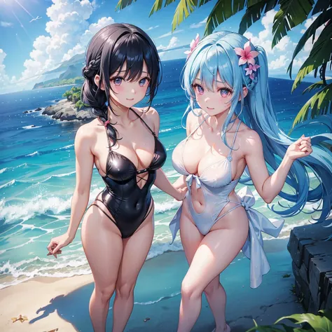 (Sky blue medium hair),(Braided hair tied together)、Pink eyes、Fair skin、(whole body)、(One Girl)、Black Swimsuit、Banana boat、Stylish sunglasses、Shining white sand beach in midsummer、Hawaiian Ocean、A big smile、、(masterpiece、Highest quality、Very detailed、Best ...