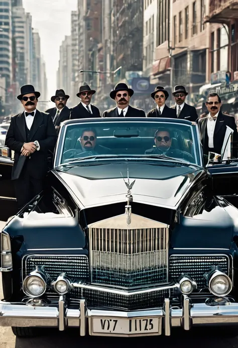 Me as a worlds richest person in gangsters look with moustache.me driving a Lincoln continental and gun is present in my hand with the bodyguards and convoy in future