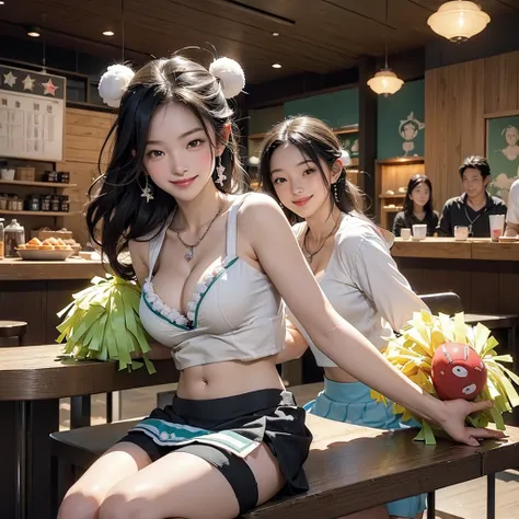 (((((((((Emphasize cleavage))))))))) ((((((((((Cheerleader, pom pom mini skirt, smile)))))))))) (((((((お洒落でcuteInside the Starbucks store))))))) 8K、RAW Photos、Highest quality、Super detailed、Super Resolution、Ultra HD、8K壁紙、Amazing details ((((((tennis racket...