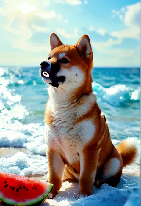 新Ocean誠テイスト:1.1, Beautiful sky,Shiba Inu Puppy,Romantic Landscape, Healing scenes, Light pours in,hope, Bright summer sunshine,Ocean, watermelon, Beach, shaved ice, 

