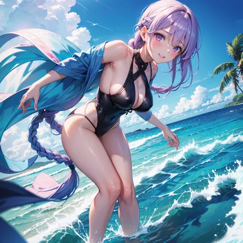 (Sky blue medium hair),(Braided hair tied together)、Pink eyes、Fair skin、(whole body)、(One Girl)、Black Swimsuit、Stylish sunglasses、Shining white sand beach in midsummer、Hawaiian Ocean、A big smile、、(masterpiece、Highest quality、Very detailed、Best Shadow)、(Det...