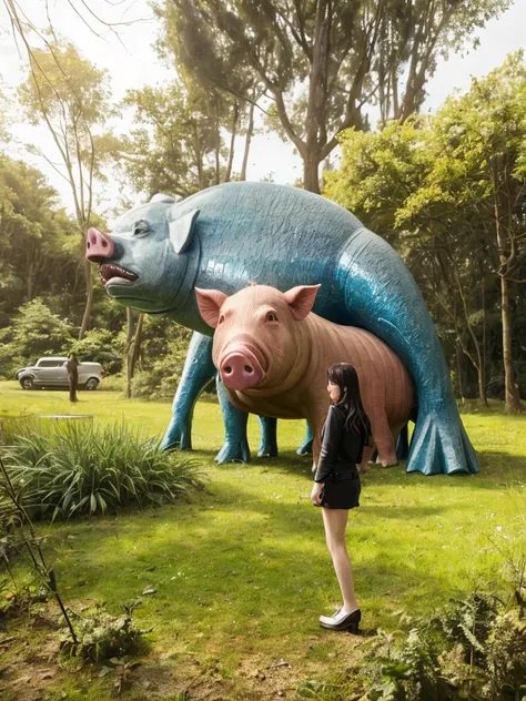 (In 8K、Highest quality、masterpiece:1.2)、(Realistic、Photorealistic:1.2)、there is a woman standing in front of a Sculpture of a fish, giant pig, myself, giant Sculpture, giant alice in wonderland, Rachel Lekitt, Photos taken in 2020, Sculpture!!, Tardigrade ...