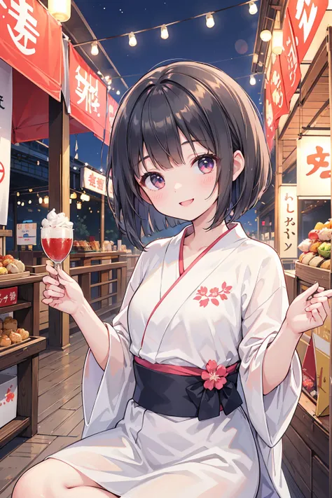 Photorealistic、Highest quality、Highest Resolution、Highest quality、８Ｋ、Beautiful woman、cute、Bob Cut Hair、Dark Hair、yukata、looks fun、smile、Smile、Summer festival、Daytime、Lots of food stalls、