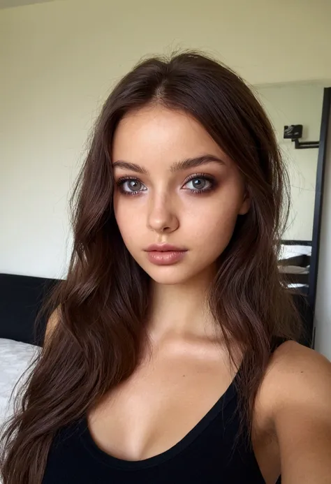 arafed, femme, à, vêtements noirs, fille sexy aux yeux marrons, portrait sophie mudd, cheveux bruns et grands yeux, selfie d&#39;une jeune femme, yeux de la chambre, violette myers, sans maquillage, maquillage naturel, regarder directement la caméra, visag...