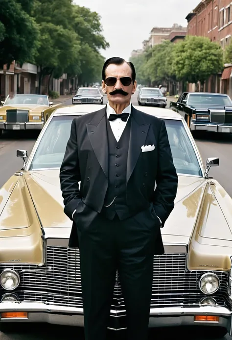 Me as a worlds richest person in gangsters look with thin moustache.me driving a Lincoln continental and gun is present in my hand with the bodyguards and convoy in future