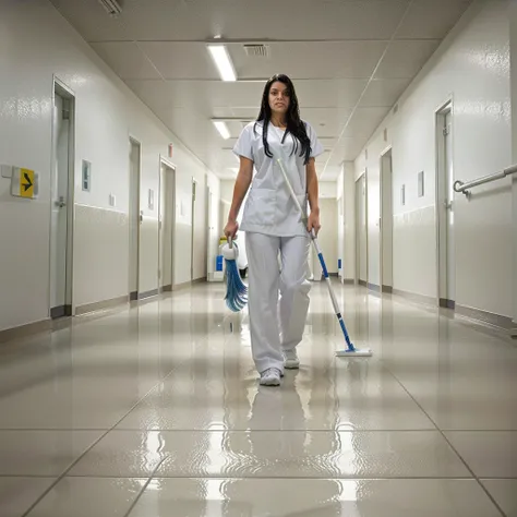 woman mopping the floor in a hospital hallway with a mop, clean detailed, majestic sweeping action, clean, shiny floors, sweeping, cleanest image, extremely clean, clean and neat, sharpness. clean, clean medical environment, wet floors, smooth clean surfac...