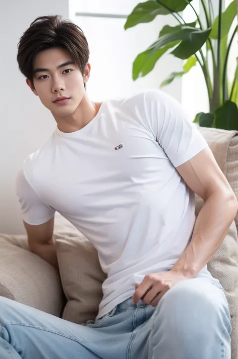 muscular asian guy , wear only white shirts, jeans., a muscular young man., beautiful young male model, comfortable pose, portra...