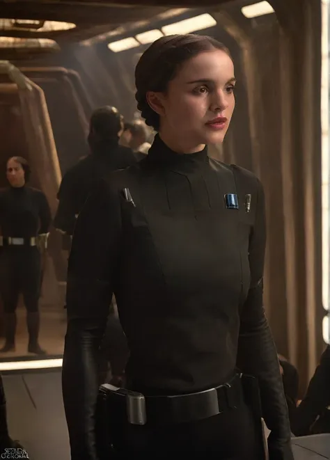 high resolution photo face close-up of p4dme woman sitting in a star wars cantina,looking at camera,black uniform,hair chignon,f...