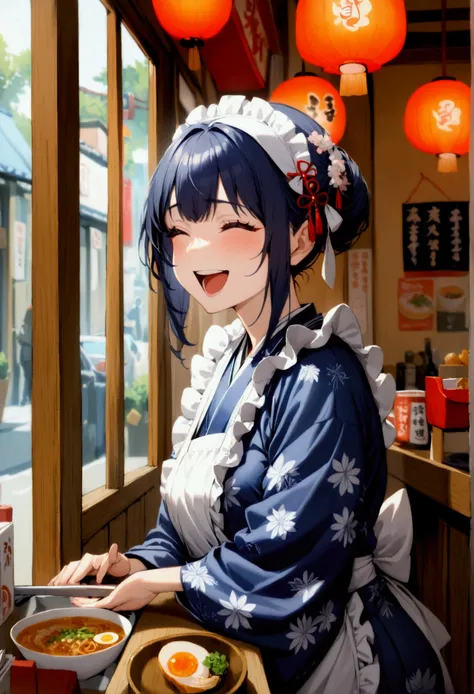 1 girl, white kerchief, navy blue kimono and white ruffled apron, laughter, Japanese ramen store, counter seat only,