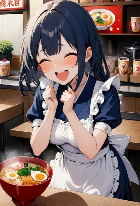 1 girl, white kerchief, navy blue kimono and white ruffled apron, laughter, Japanese ramen store, counter seat only,