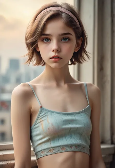 (Cinematic photo:1.3) From (Thigh-length photos:1.3),(skinny:1.3) ((CROPTOP, NAVEL)) Beautiful 12 year old girl, (complex brown hair), Highly detailed texture кожи, realistic texture кожи, looks straight into the camera, (looks at the viewer) ), pout, , Sh...