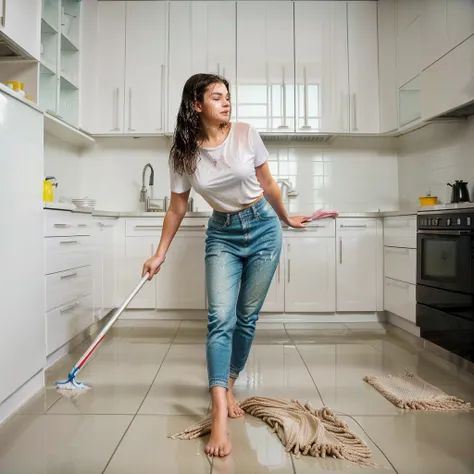 woman mopping the floor in a clean kitchen with a mop, wet floors, clean, wet floor, very crisp, shiny floors, at home, domestic, english, water on the floor, super clean, cute woman, sweeping, teenage girl, a messy, tile floor, maintenance, brilliant, mix...