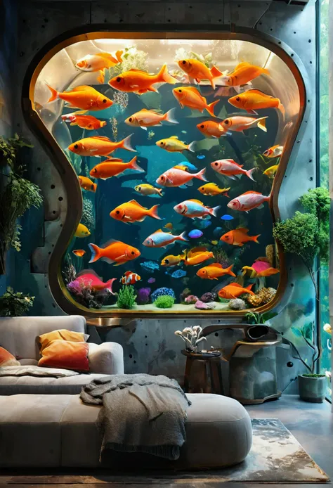 Futuristic yet cozy interior design with attention to detail, One of the walls、The tank is in the shape of a large truck and is filled with colorful fish.。, High resolution, --16 pieces:9 --s 750 --v 5.1