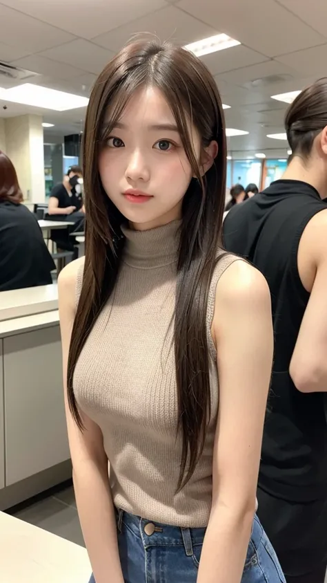 Student girl 17-year-old Hairstyle Casual, wearing sleeveless high neck knit top at canteen