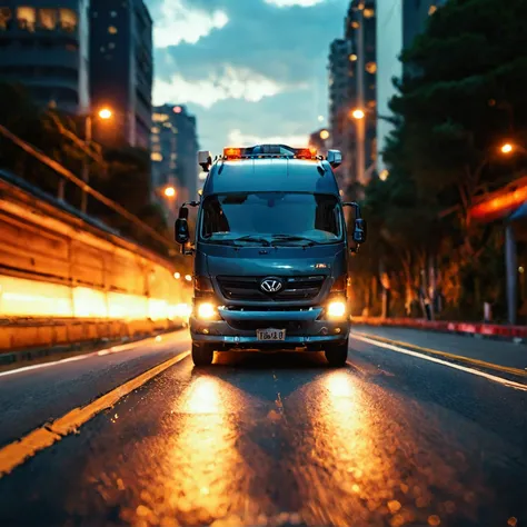 Big van，横穿road的行人，road，Big van即将撞上行人，photo，Thriller，evening