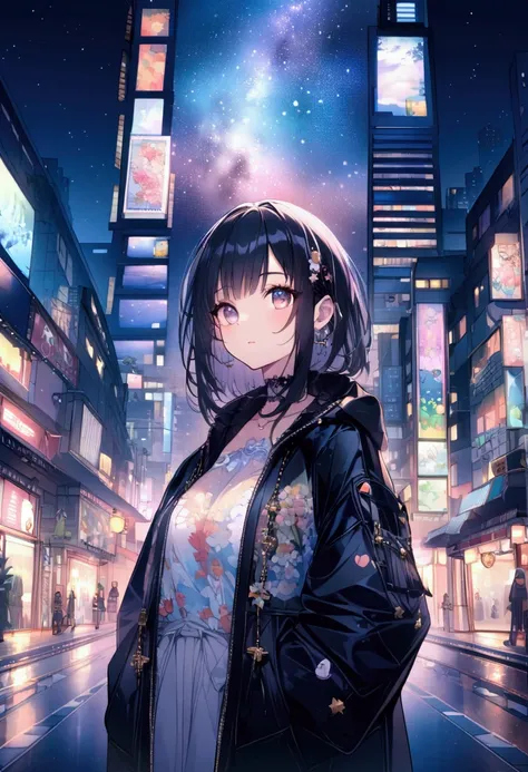 A fusion of graphic art and painting art、girl、Unusual street fashion、night、Starry Sky、front、Uplifting、Transparency、Bright Cities、wood々is rich、morning、High quality、Detailed Background、high resolution、Sparkling