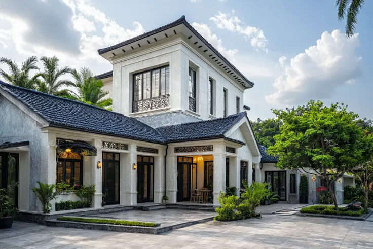 (masterpiece:1.2), best quality, photo of a two-story modern house in vietnam with dark tiles on the roof., (dark granite tiled ...