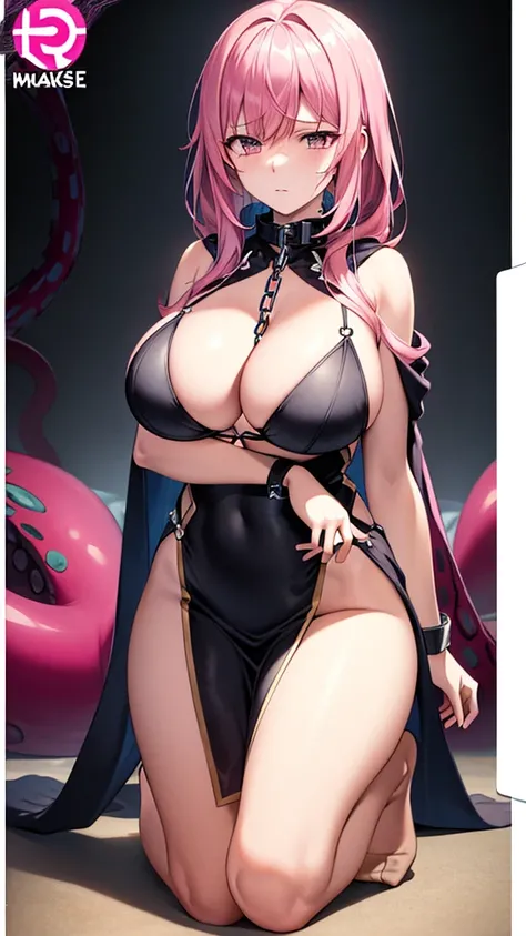 (((Masterpiece))),(((Best quality))),((Super detailed)),(illustration)，Card border，Pink hair mecha style clothing，Painful expression，There is a chain attached collar around the neck，Hands tied by tentacles，Take off half of the shawl，Dull eyes，No shoes，Long...