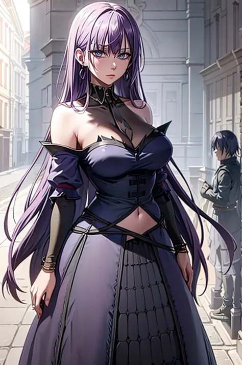 Bright purple hair,blue colored eyes,long hair,eyes half closed,nude belly,へそ,ferronnières,black veil,black slave top,sheer black velvet hip scarf, Golden neck bracelet,gold earrings, breasts a little too big