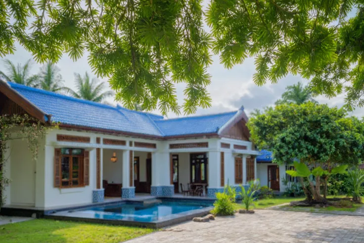 Raw photo, Masterpiece, high quality, best quality, authentic, super detail, outdoors, house style modern on the street , a traditional single-story Thai-style house, large glass window and at the first floor, blue tile roof, white wall, pavement, grass, t...