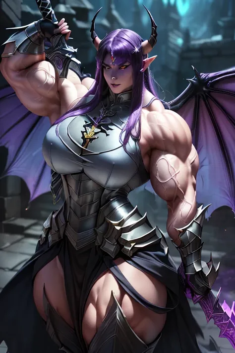 ((Massive beautiful, buff, pale white skinned muscular dark paladin woman with violet purple hair, giant demon wings, black lipstick, ginormous bulky muscles, carrying a giant sword and wearing full black demonic paladin knight armored with a long tiered s...