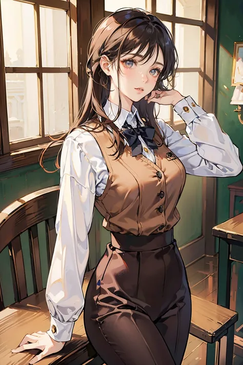 anime - (masterpiece), best quality, seductive eyes, cute face, dark brown eyes, middle length dark hair, plain white long sleeve, brown knitted vest, white pants, tall woman, long legs, adult-like female, 1girl, medium sized breast, school background
