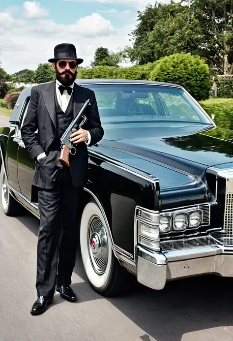 Me as a worlds richest adult person in gangsters look with the age of 25 year with beard and moustache.me driving a Lincoln continental and gun is present in my hand with the convoy 