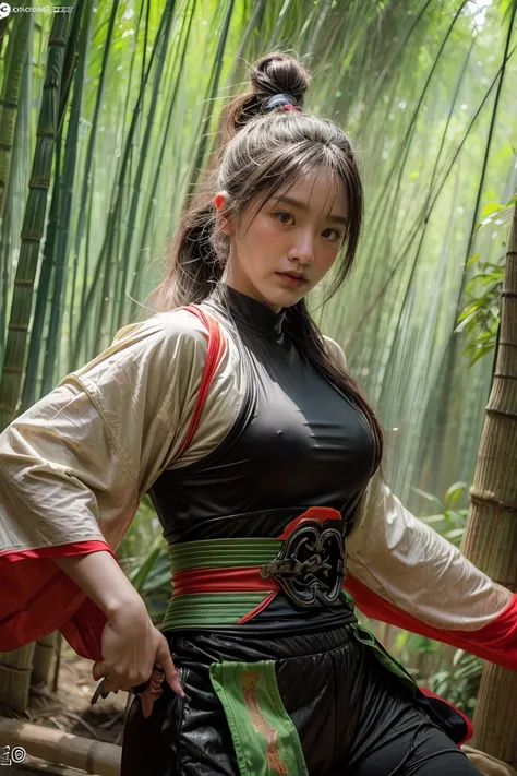 bamboo forest background，A look of determination，colorful vivid octane render, cybernetic and highly detailed, loba andrade from apex legends, created in unreal engine 5, made in unreal engine 5, trending on unreal engine 5, Antique portraits, Martial arts...