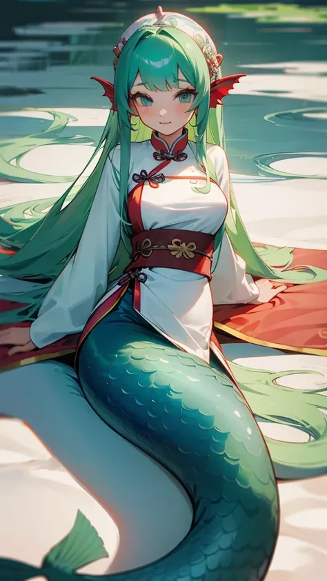 Long mermaid girl wearing Chinese cloth in a bed 
With a boy