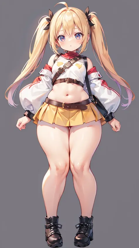 blank background, (((full body))), (masterpiece), ((best quality)), (very short girl), flat chest, short twintail, (wide hips:1.4), (thick thighs:1.4), (very short skirt), toeless footwear, belt below navel, fanny packs, bags