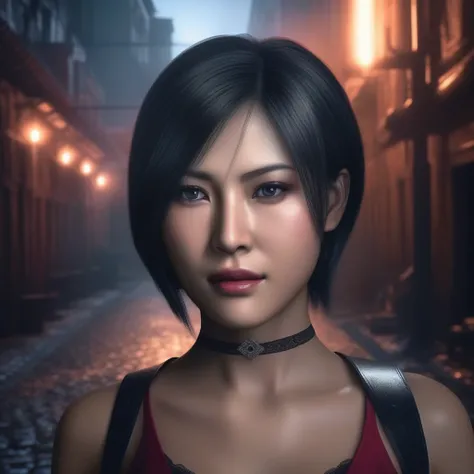 Ultra-realistic extremely detailed real life 8k masterpiece of a gorgeous asian woman re ada wong wearing re4 style dress in a dark alley at night, extremely detailed facial features, dark scary epic lighting, horror composition