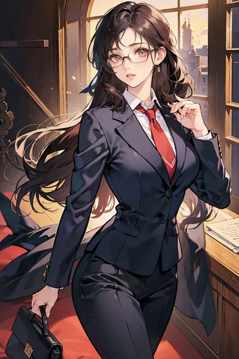 anime - (masterpiece), best quality, seductive eyes, cute face, dark brown eyes, middle length dark hair, business suit, rounded glasses, tall woman, long legs, adult-like female, 1girl, medium sized breast, school background
