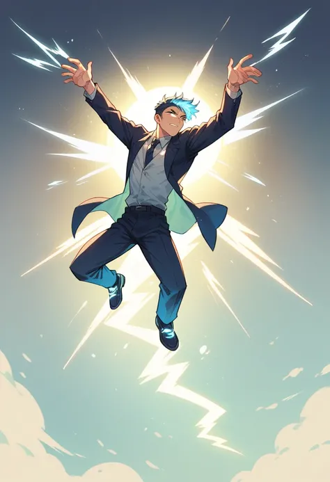 A boy who got struck by lighting and got speed, flying, lighting bolts, Suit blue with glowing lighting symbol, hair colour dark blue, stormy enviroment